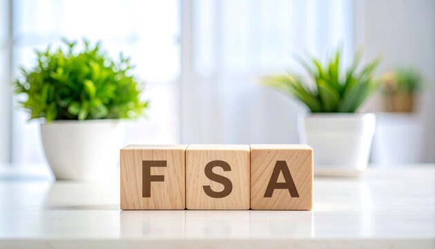 Wooden blocks spelling fsa on a white surface with decorative plants