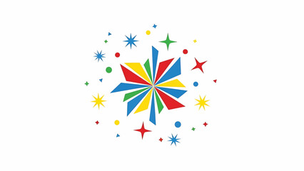 A vibrant geometric design with a central star-like shape composed of colorful triangle segments. Scattered stars and dots surround it