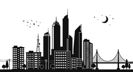 Modern Cityscape Silhouette with Skyscrapers and Bridge, representing urban development and infrastructure against a night sky