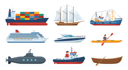 A diverse collection of maritime vessels and watercraft, showcasing transportation on the sea and rivers