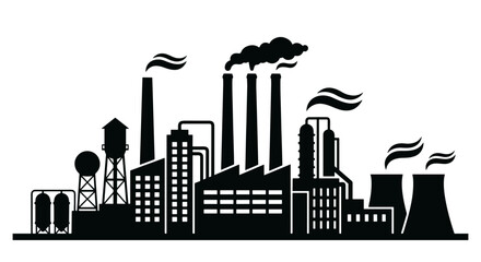 Industrial manufacturing plant with smokestacks emitting smoke, representing production and factory work