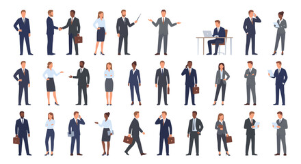 A comprehensive vector illustration set of diverse business professionals, men and women, in various poses for corporate and office-themed graphic design projects