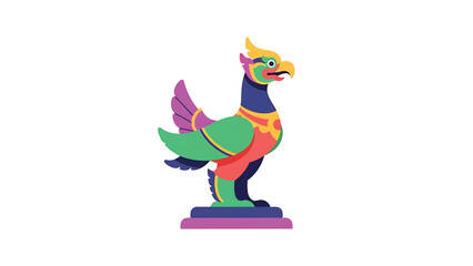 Obraz premium A vibrantly colored bird-like creature with stylized feathers, standing proudly on a pedestal. It possesses a beak, ornate details