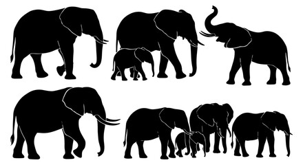Silhouettes of Elephants and Baby Elephants in Various Poses and Sizes