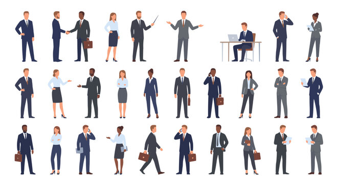 A comprehensive vector illustration set of diverse business professionals, men and women, in various poses for corporate and office-themed graphic design projects - Powered by Adobe