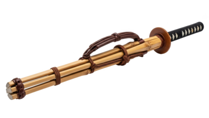 Bamboo shaft sword handle with brown leather wrap and wooden guard on black background hilt