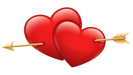 Two red hearts pierced by golden arrow isolated on transparent background
