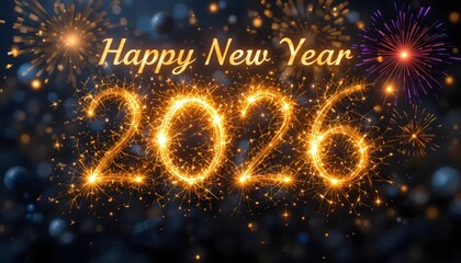 Futuristic 3D Metallic 2026 Text with Snowflakes and Glitter