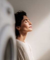 Serene Moment: Woman Practicing Mindfulness and Deep Breathing in a Sunlit Minimalist Room