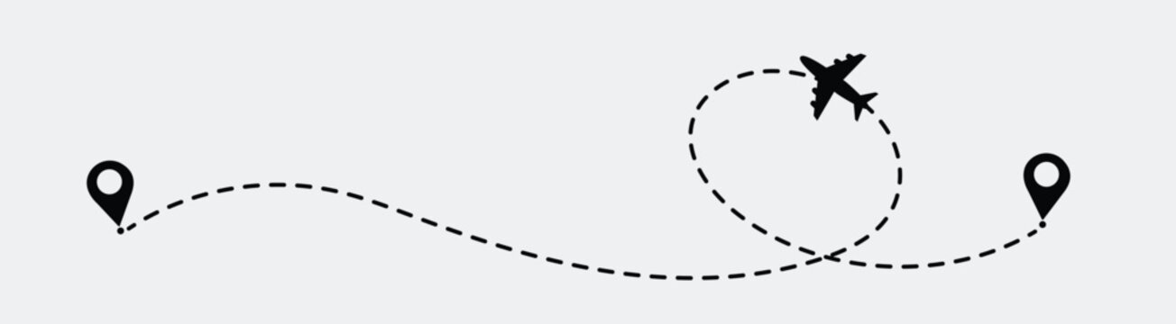 Airplane line path vector icon set of air plane flight route with start point and dash line trace. Various aircraft and destination location pins icons. Airplane line path route travel vector.