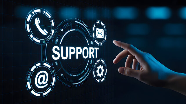 Futuristic digital support interface with icons for phone, email, settings and communication services - Powered by Adobe