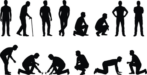 Human silhouette collection showing standing walking squatting kneeling poses, male body posture sequence, black figure set isolated on white background illustration