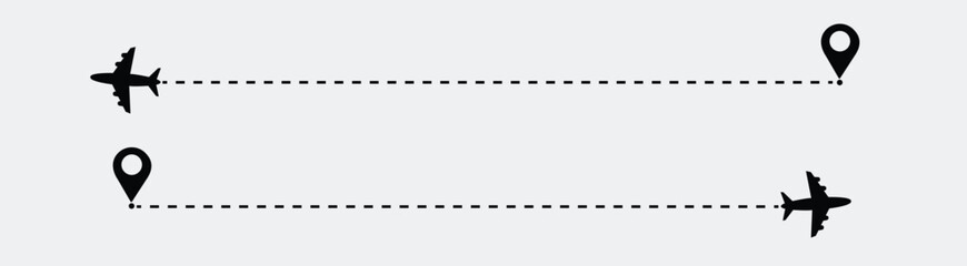 Airplane routes set. Plane route line. Planes dotted flight pathway. Plane paths. Aircraft tracking, planes, travel, map pins, location pins. airplane dotted route path icon vector symbol.