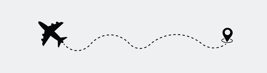 Airplane routes set. Plane route line. Planes dotted flight pathway. Plane paths. Aircraft tracking, planes, travel, map pins, location pins. airplane dotted route path icon vector symbol.