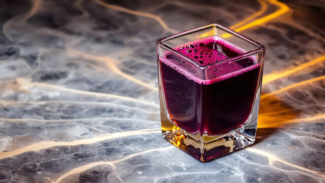 A square glass contains deep plum juice with a layer of microfoam on top. It rests on a polished obsidian table reflecting warm lamp light, creating a cozy atmosphere