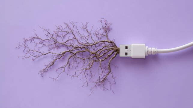 A creative shot of a USB cable merging with a complex network of dry twigs on a pastel-purple background - Powered by Adobe