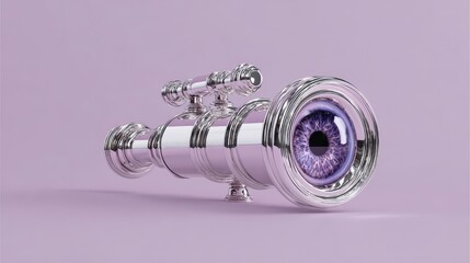 A surreal, polished, metal telescope is oriented towards the viewer. The eyepiece is replaced by a realistic, purple human eye