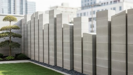 Modern concrete block wall with unique design, small tree, grass, and stones in an urban garden setting for landscaping and architecture.