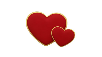 Two red hearts with gold outline isolated on transparent background