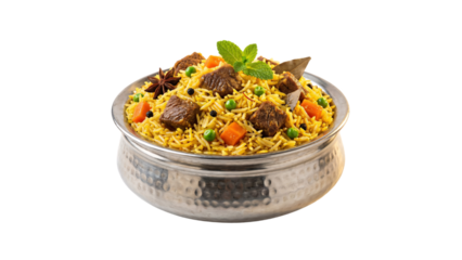 Delicious and aromatic mutton biryani served in a traditional hammered metal bowl