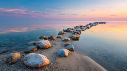 Calm waters meet a rock path, reflecting a serene, pastel sunset sky
