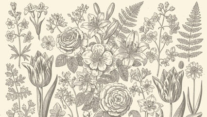 Beautiful bouquet of flowers, floral arrangement, roses, lilies, tulips, ferns, and other plants on cream background, elegant with line
