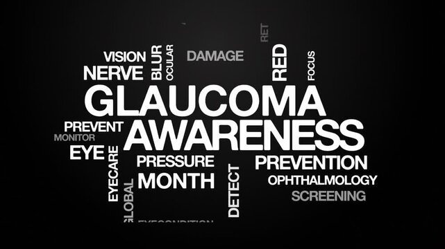 glaucoma awareness concept Animated Tag Word Cloud kinetic typography, Text Design Animation typography seamless loop video motion graphics Intro Wordart text reveal loop white type on black backdrop