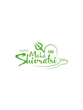 Happy maha shivratri green calligraphy typography with shivling and trishul illustration on black background for hindu devotional greeting branding poster and festival design