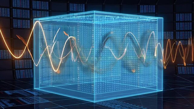 Futuristic 3D virtual room shaped cube, walls transparent holographic panels, streams glowing data waves, numbers waveforms flowing 3D, neon particles, interactive light immersive camera flythrough 4k