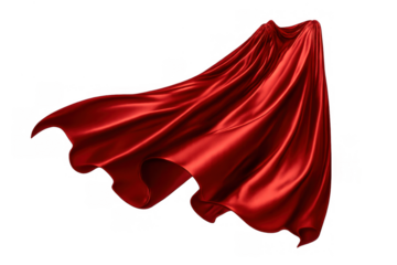 Red superhero cape flying, vibrant silk fabric flowing, dynamic movement of a crimson cloak accessory in the wind