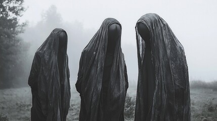 Eerie Trio Dark Figures in Fog Mysterious and Ominous Presence.