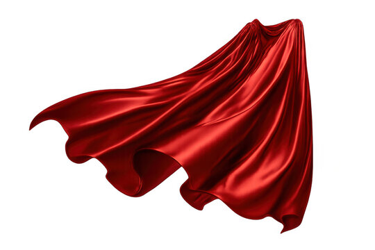Red superhero cape flying, vibrant silk fabric flowing, dynamic movement of a crimson cloak accessory in the wind