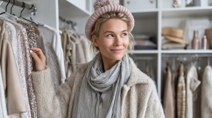 Young caucasian female shopping for winter clothing in fashionable boutique