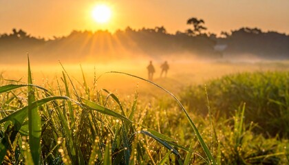 People walk through a misty field at sunrise with dewy grass