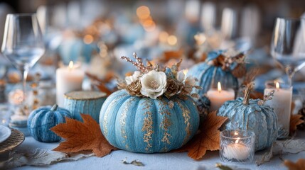 Elegant autumn table setting with blue pumpkins and candles for a festive atmosphere