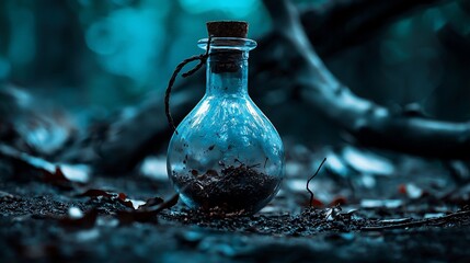Enchanted Forest Potion Glass Bottle with Soil and Cork Stopper in Moody Blue Light.