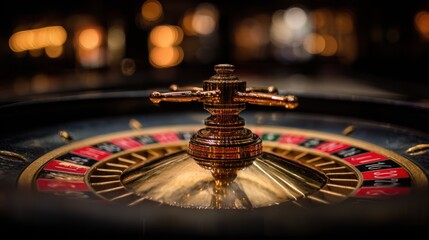 Close-up of casino roulette wheel with spinning metal rotor and vibrant colors
