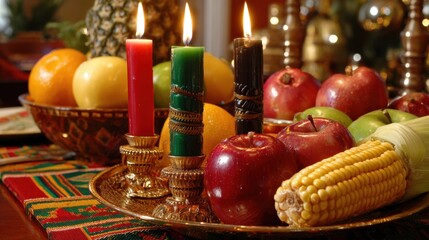 Kwanzaa celebration table with candles, fruits, and corn on decorative cloth