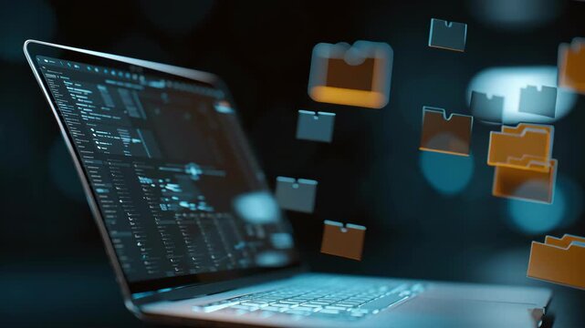 Digital document management featuring virtual files floating above a laptop, illustrating data transfer, cloud storage, and electronic organization in a tech-focused setting.