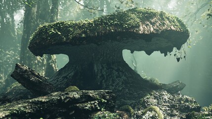 Enigmatic Mushroom Tree MossCovered Giant in Misty Forest Fantasy Landscape.