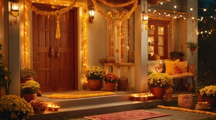 Festive diwali porch with floral decor and warm lighting at night