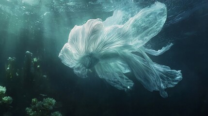 Ethereal Plastic Bloom Underwater Pollutions Ghostly Dance in Deep Blue Sea.