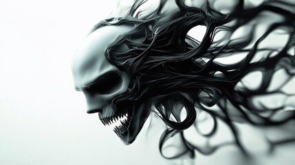 Ethereal Skull Dark Tendrils Emanating on White Background Horror Concept.
