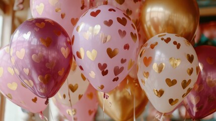 Heart-patterned balloons in pink, gold, and white for celebration decor