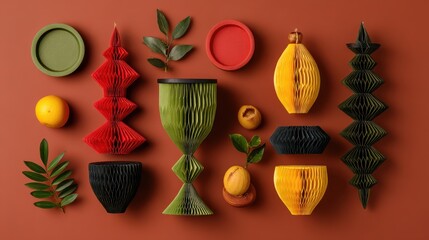 Colorful origami decorations and fruits on red background