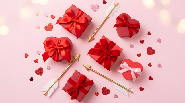 Happy valentines day red gift boxes and small hearts arranged on sticks in a tic tac toe pattern with soft focus lights
