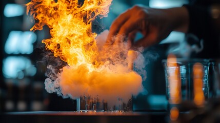 Fiery Chemistry Erupting Flames and Smoke in Laboratory Test Tubes Hand in Motion.
