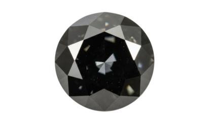 Round cut dark gray diamond gemstone with facets on black background image