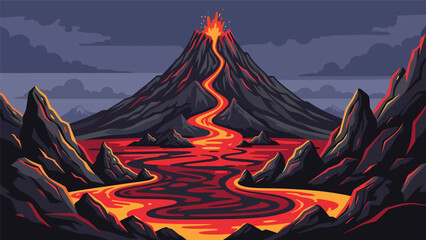 Volcanic vector landscape wallpaper with mountain peak, lava shapes, rocks, and dramatic sky, flat illustration ideal for powerful nature wallpapers and adventure themes