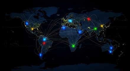 Glowing global network connections illuminate continents on a dark background map